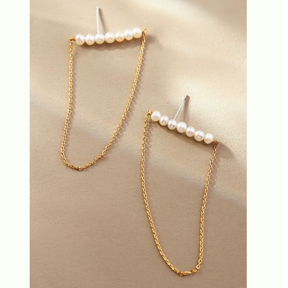 Anthropologie Pearl-Embellished Chain Crawler Earrings